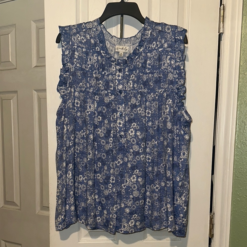 Wonderly Blue and White Smocked Ruffled Blouse